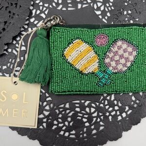 Sol & Mer Pickleball Beaded Coin Pouch Green Paddle Zip Coin purse Tassel NWT